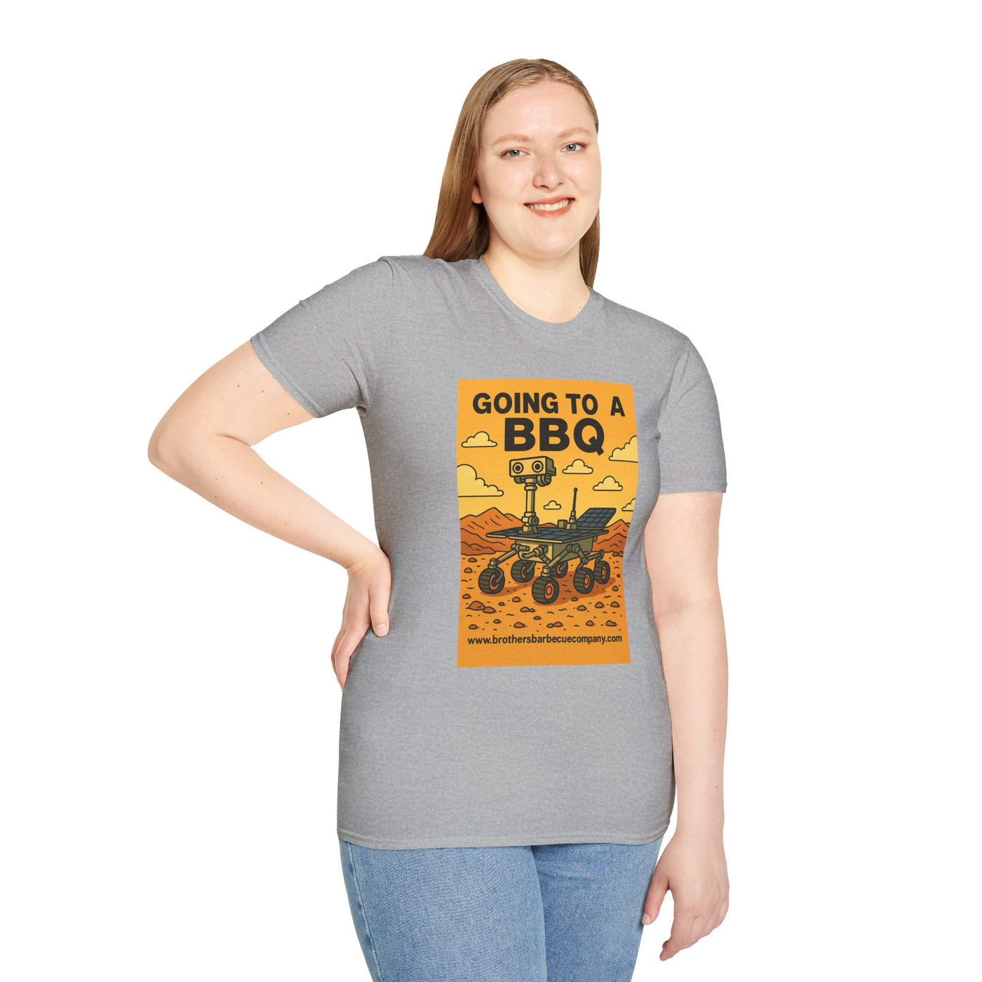 BBQ Rover Unisex Softstyle T-Shirt | Fun BBQ Shirt, Space Enthusiast Gift, Summer Picnic Wear, Mars Rover Shirt, Unique Graphic Tee