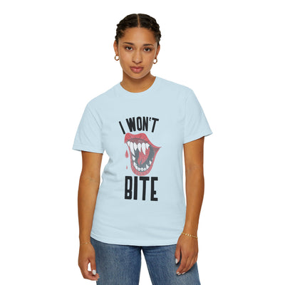 Fun Unisex 'I Won't Bite' T-Shirt for Halloween, Casual Wear, Graphic Tee, Gift for Friends, Statement Shirt