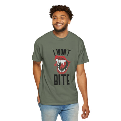 Fun Unisex 'I Won't Bite' T-Shirt for Halloween, Casual Wear, Graphic Tee, Gift for Friends, Statement Shirt