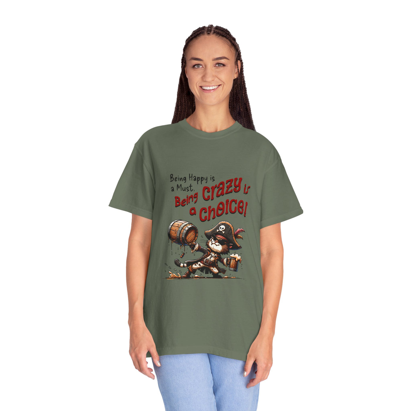 Pirate-Themed Unisex T-Shirt - 'Being Happy is a Must, Being Crazy is a Choice', Fun Gift for Friends, Casual Wear, Retro Style, Beach [...]