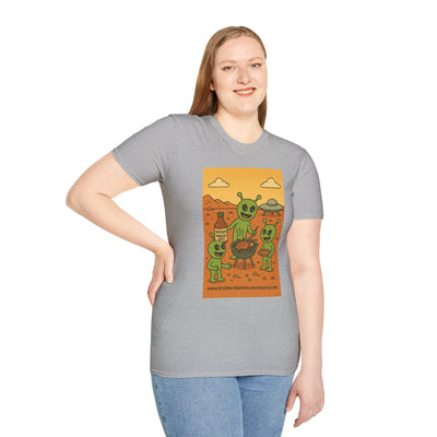 Alien BBQ Party Unisex Softstyle T-Shirt, Fun Graphic Tee, Casual Wear, Summer Party Top, Unique Gift for Friends, Alien Lovers Shirt