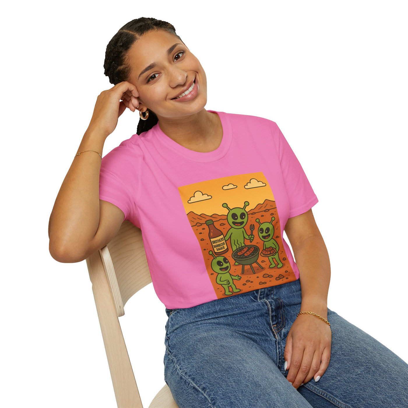 Alien BBQ Meat Party Unisex Softstyle T-Shirt, Funny Graphic Tee, Unique Gift, Summer Barbecue Wear, Casual Everyday Shirt, Fun Statement Top