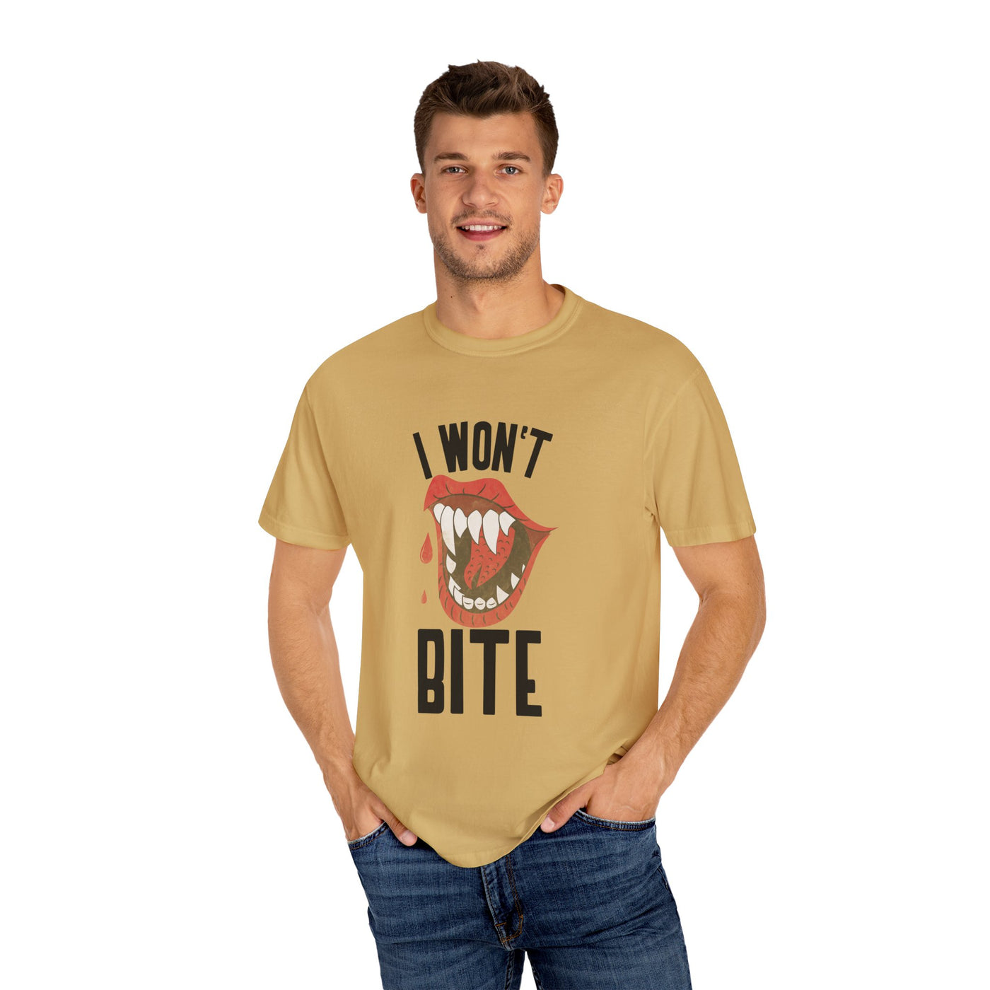 Fun Unisex 'I Won't Bite' T-Shirt for Halloween, Casual Wear, Graphic Tee, Gift for Friends, Statement Shirt