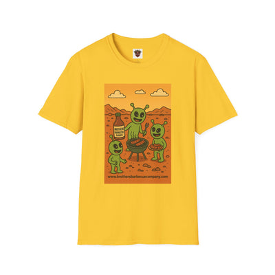 Alien BBQ Meat Party Unisex Softstyle T-Shirt, Funny Graphic Tee, Unique Gift, Summer Barbecue Wear, Casual Everyday Shirt, Fun Statement Top