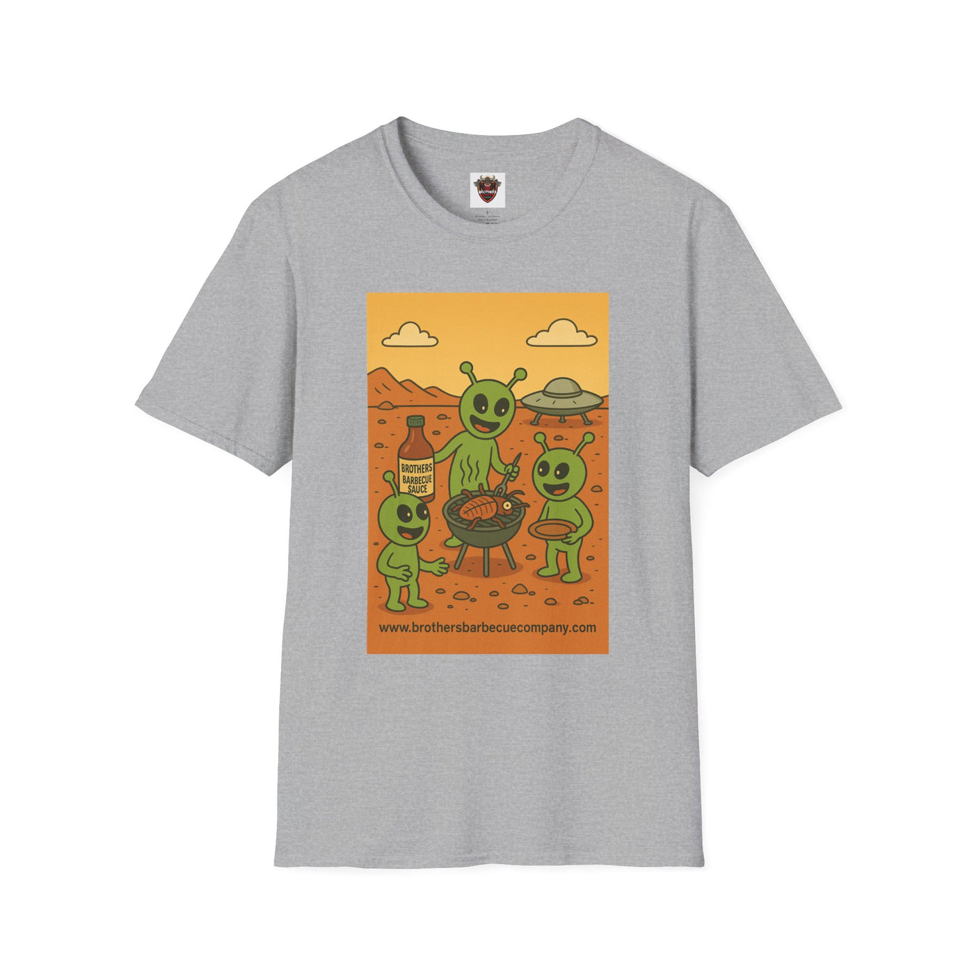 Alien BBQ Party Unisex Softstyle T-Shirt, Fun Graphic Tee, Casual Wear, Summer Party Top, Unique Gift for Friends, Alien Lovers Shirt