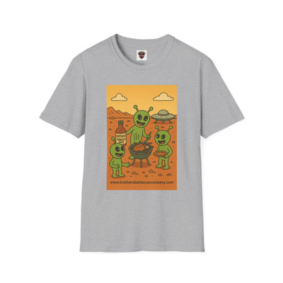 Alien BBQ Party Unisex Softstyle T-Shirt, Fun Graphic Tee, Casual Wear, Summer Party Top, Unique Gift for Friends, Alien Lovers Shirt