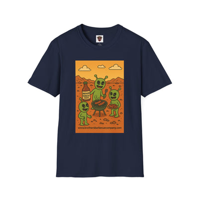 Alien BBQ Meat Party Unisex Softstyle T-Shirt, Funny Graphic Tee, Unique Gift, Summer Barbecue Wear, Casual Everyday Shirt, Fun Statement Top
