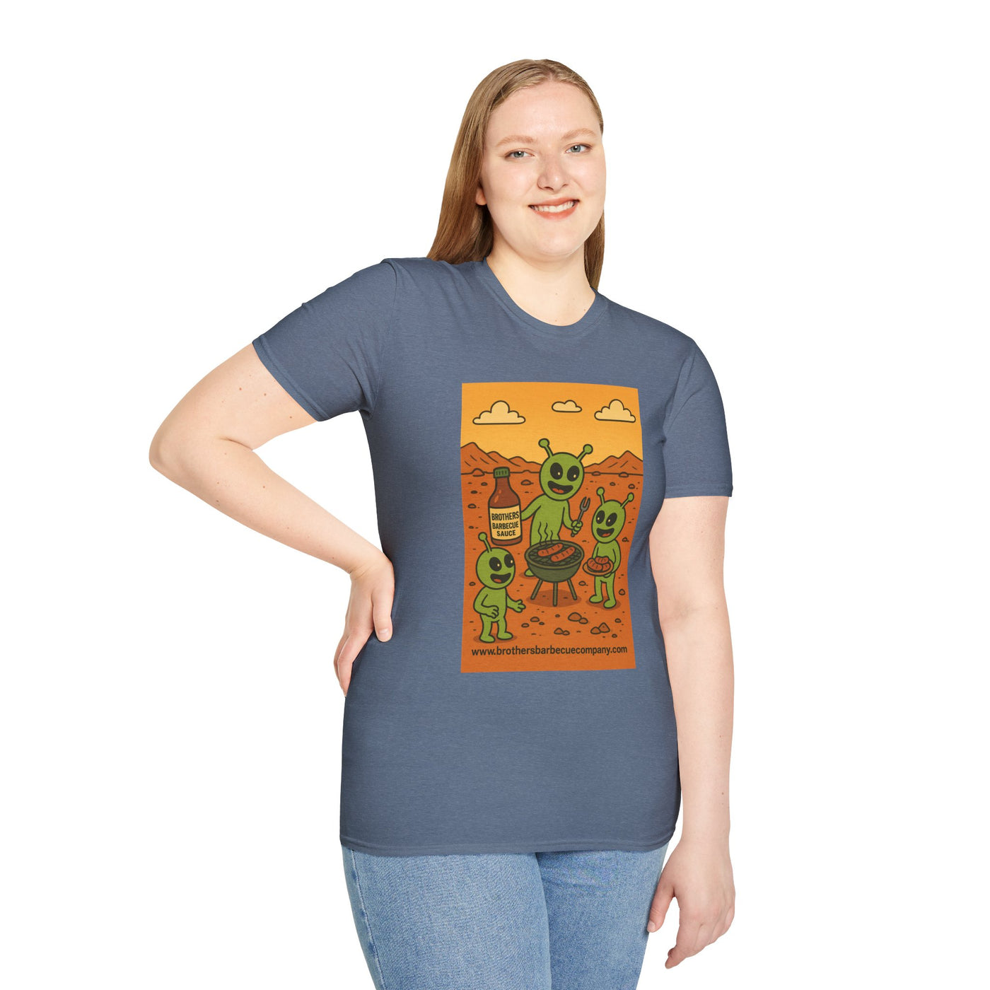 Alien BBQ Meat Party Unisex Softstyle T-Shirt, Funny Graphic Tee, Unique Gift, Summer Barbecue Wear, Casual Everyday Shirt, Fun Statement Top
