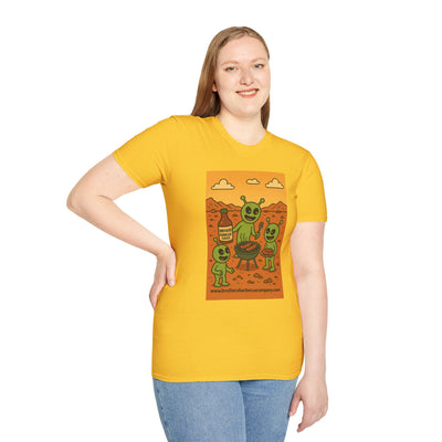 Alien BBQ Meat Party Unisex Softstyle T-Shirt, Funny Graphic Tee, Unique Gift, Summer Barbecue Wear, Casual Everyday Shirt, Fun Statement Top