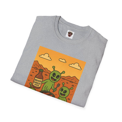 Alien BBQ Meat Party Unisex Softstyle T-Shirt, Funny Graphic Tee, Unique Gift, Summer Barbecue Wear, Casual Everyday Shirt, Fun Statement Top
