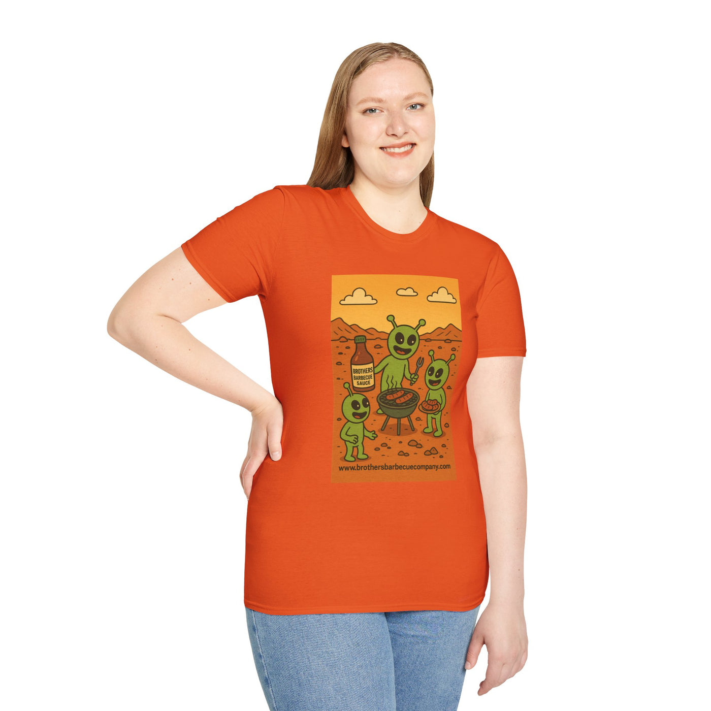 Alien BBQ Meat Party Unisex Softstyle T-Shirt, Funny Graphic Tee, Unique Gift, Summer Barbecue Wear, Casual Everyday Shirt, Fun Statement Top