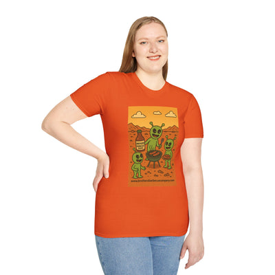 Alien BBQ Meat Party Unisex Softstyle T-Shirt, Funny Graphic Tee, Unique Gift, Summer Barbecue Wear, Casual Everyday Shirt, Fun Statement Top