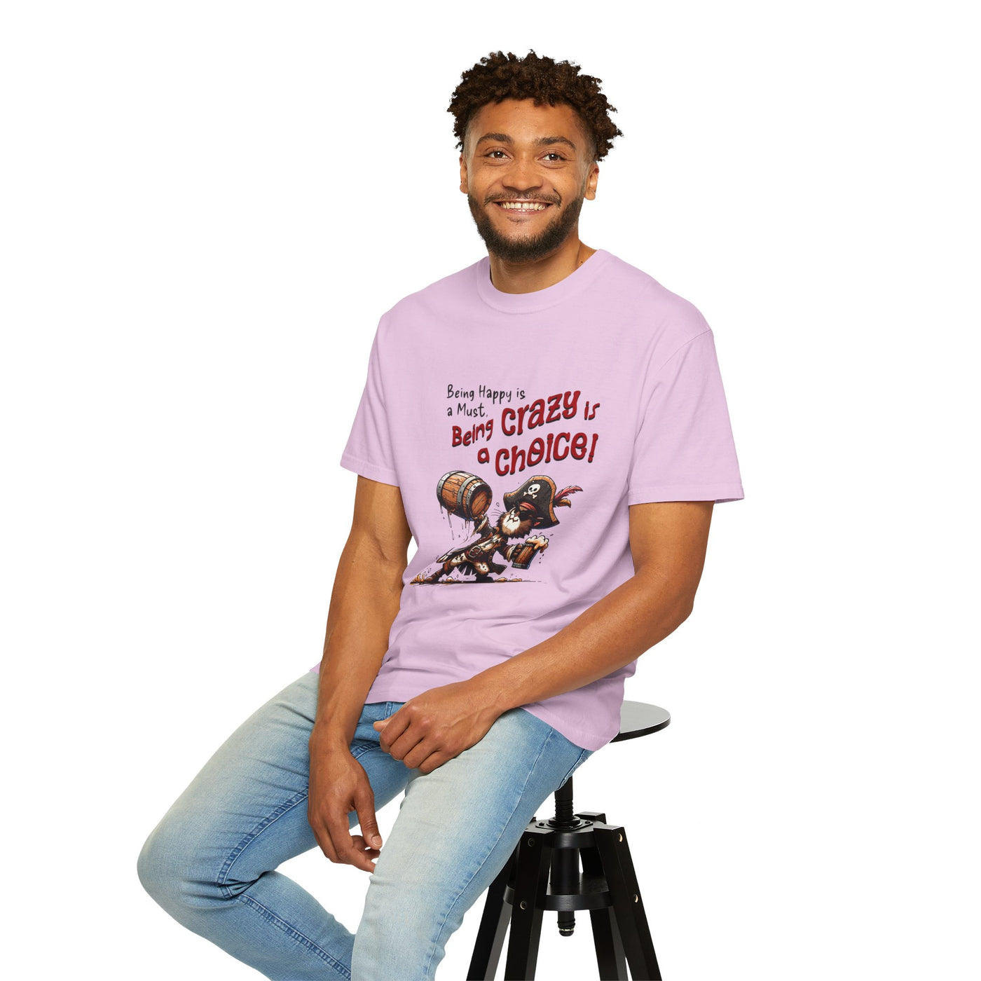 Pirate-Themed Unisex T-Shirt - 'Being Happy is a Must, Being Crazy is a Choice', Fun Gift for Friends, Casual Wear, Retro Style, Beach [...]
