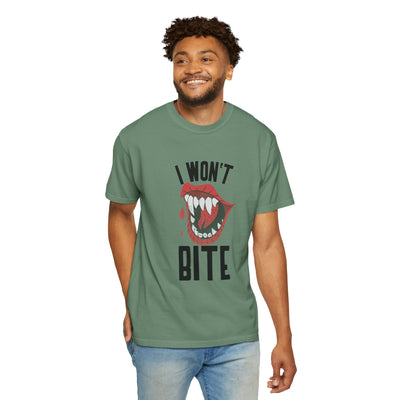Fun Unisex 'I Won't Bite' T-Shirt for Halloween, Casual Wear, Graphic Tee, Gift for Friends, Statement Shirt