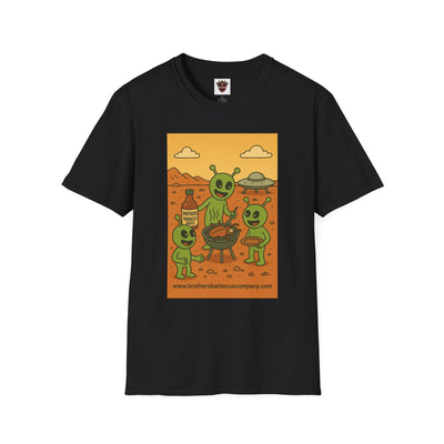 Alien BBQ Party Unisex Softstyle T-Shirt, Fun Graphic Tee, Casual Wear, Summer Party Top, Unique Gift for Friends, Alien Lovers Shirt