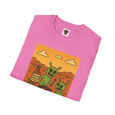 Alien BBQ Meat Party Unisex Softstyle T-Shirt, Funny Graphic Tee, Unique Gift, Summer Barbecue Wear, Casual Everyday Shirt, Fun Statement Top