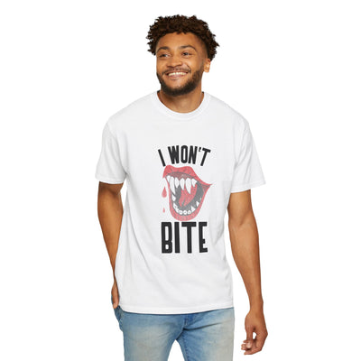 Fun Unisex 'I Won't Bite' T-Shirt for Halloween, Casual Wear, Graphic Tee, Gift for Friends, Statement Shirt