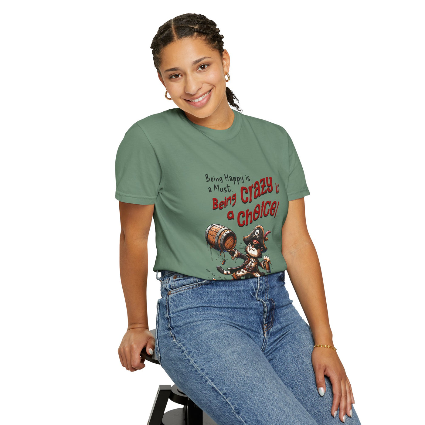 Pirate-Themed Unisex T-Shirt - 'Being Happy is a Must, Being Crazy is a Choice', Fun Gift for Friends, Casual Wear, Retro Style, Beach [...]