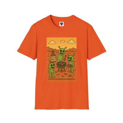Alien BBQ Meat Party Unisex Softstyle T-Shirt, Funny Graphic Tee, Unique Gift, Summer Barbecue Wear, Casual Everyday Shirt, Fun Statement Top