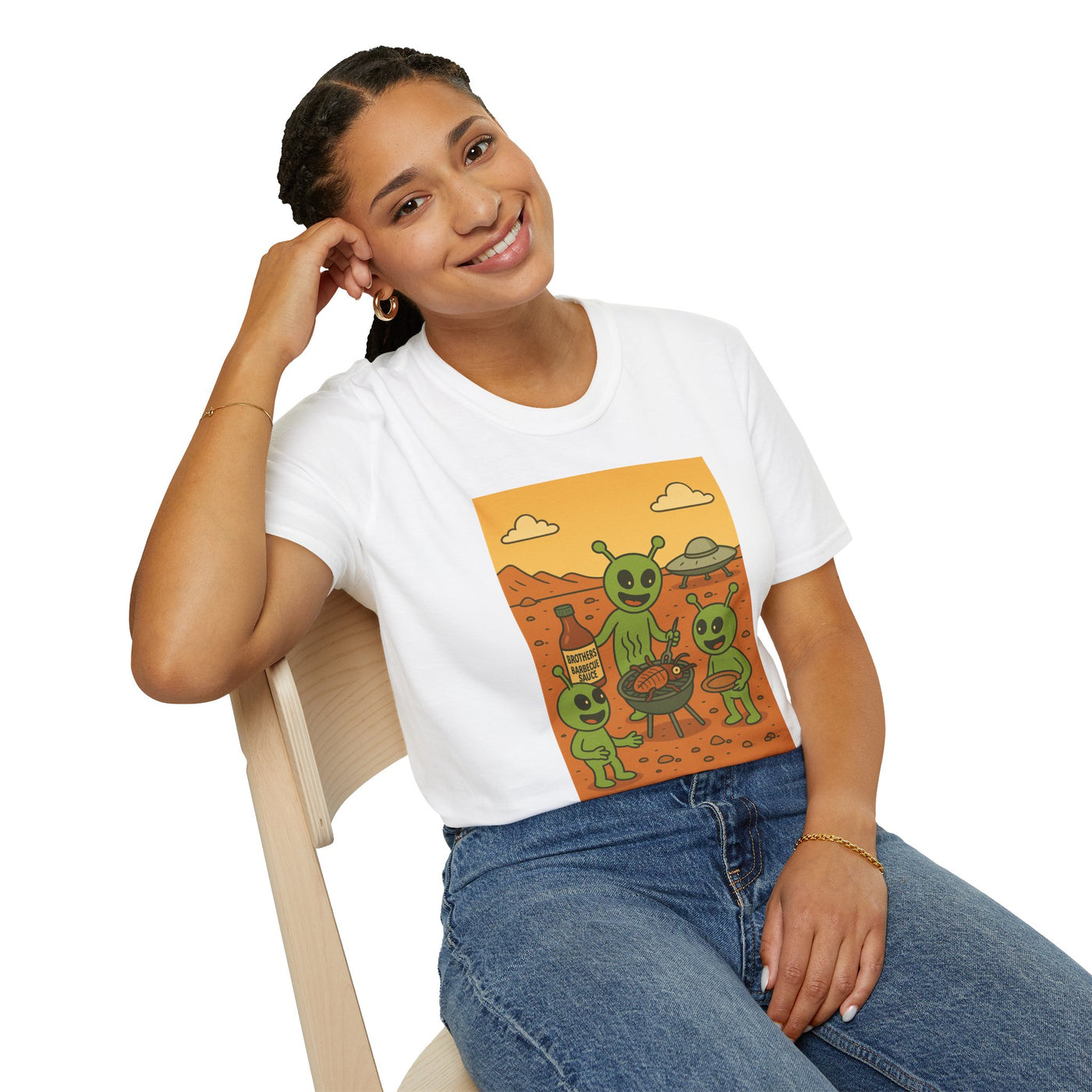Alien BBQ Party Unisex Softstyle T-Shirt, Fun Graphic Tee, Casual Wear, Summer Party Top, Unique Gift for Friends, Alien Lovers Shirt