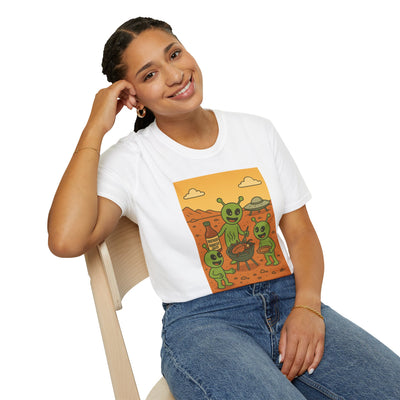 Alien BBQ Party Unisex Softstyle T-Shirt, Fun Graphic Tee, Casual Wear, Summer Party Top, Unique Gift for Friends, Alien Lovers Shirt