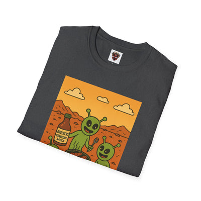 Alien BBQ Meat Party Unisex Softstyle T-Shirt, Funny Graphic Tee, Unique Gift, Summer Barbecue Wear, Casual Everyday Shirt, Fun Statement Top