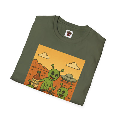 Alien BBQ Party Unisex Softstyle T-Shirt, Fun Graphic Tee, Casual Wear, Summer Party Top, Unique Gift for Friends, Alien Lovers Shirt