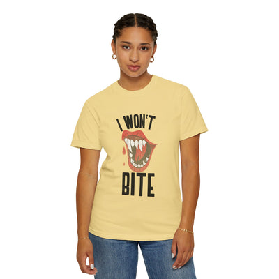 Fun Unisex 'I Won't Bite' T-Shirt for Halloween, Casual Wear, Graphic Tee, Gift for Friends, Statement Shirt