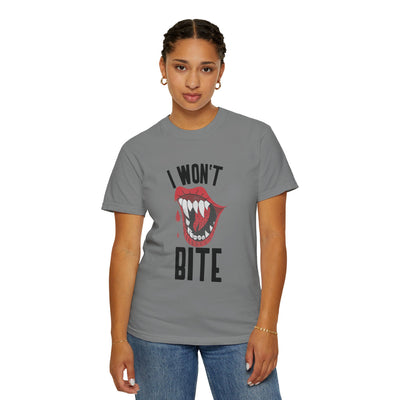 Fun Unisex 'I Won't Bite' T-Shirt for Halloween, Casual Wear, Graphic Tee, Gift for Friends, Statement Shirt