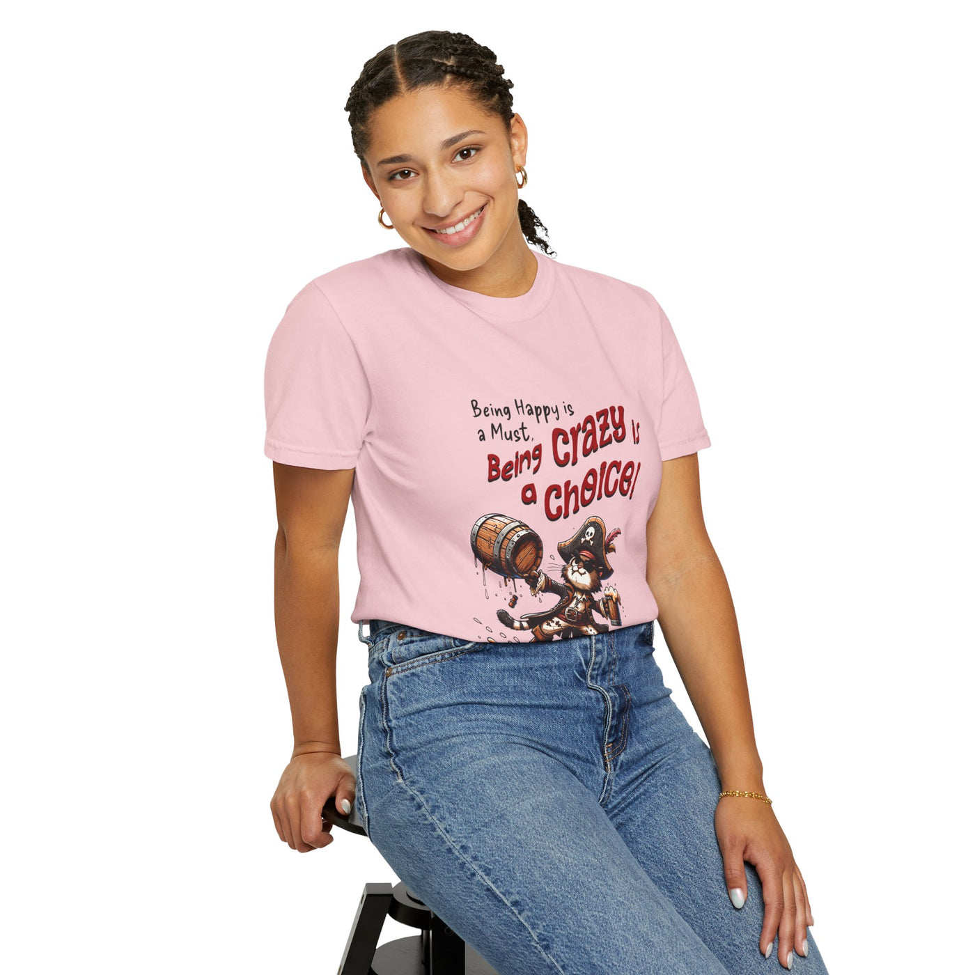 Pirate-Themed Unisex T-Shirt - 'Being Happy is a Must, Being Crazy is a Choice', Fun Gift for Friends, Casual Wear, Retro Style, Beach [...]