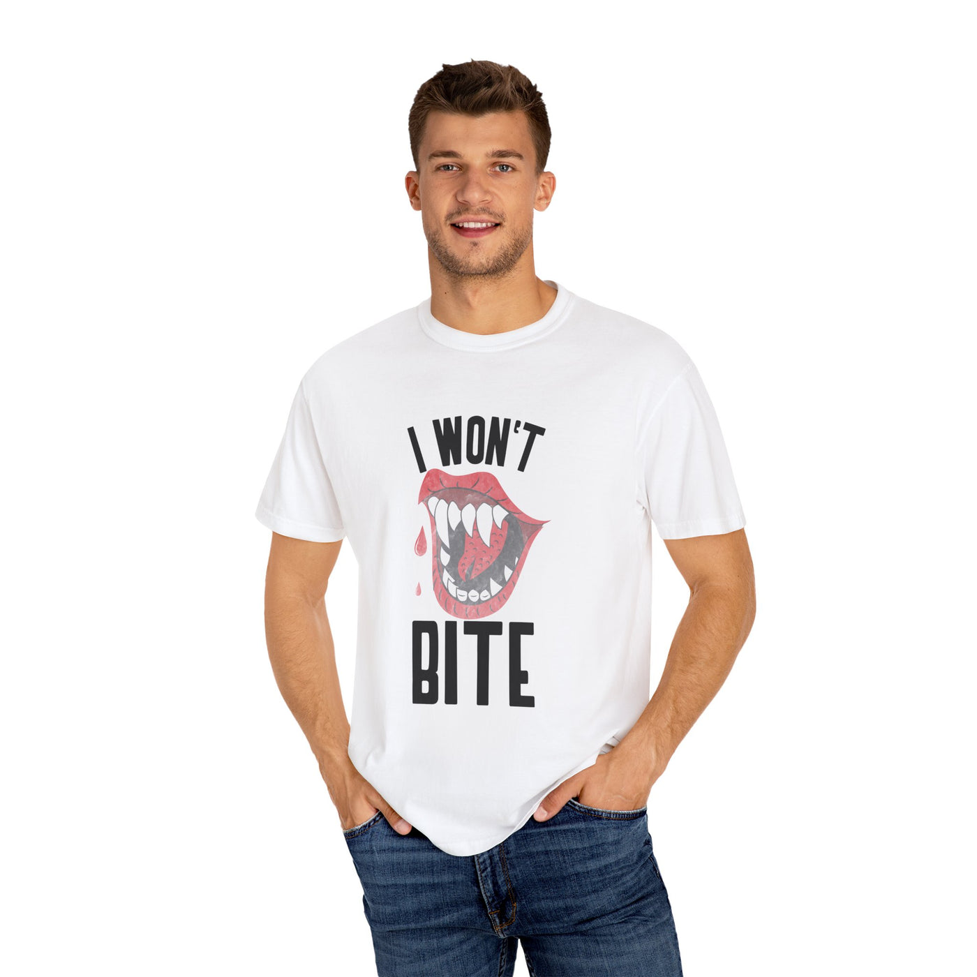 Fun Unisex 'I Won't Bite' T-Shirt for Halloween, Casual Wear, Graphic Tee, Gift for Friends, Statement Shirt