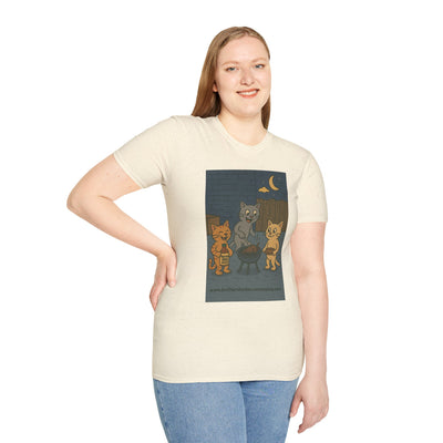 Cute Animal Campfire T-Shirt, Cozy Cat T-Shirt, Gifts for Cat Lovers, Unisex Softstyle Tee, Perfect for Camping or Outdoor Fun