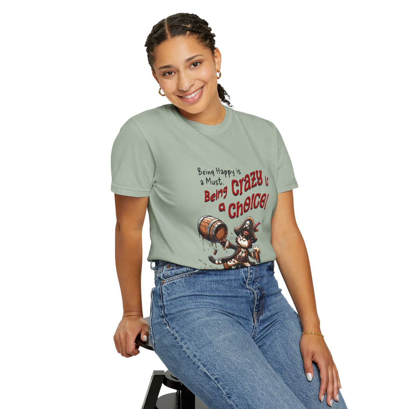 Pirate-Themed Unisex T-Shirt - 'Being Happy is a Must, Being Crazy is a Choice', Fun Gift for Friends, Casual Wear, Retro Style, Beach [...]