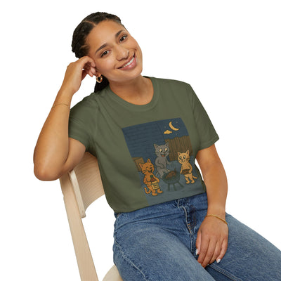 Cute Animal Campfire T-Shirt, Cozy Cat T-Shirt, Gifts for Cat Lovers, Unisex Softstyle Tee, Perfect for Camping or Outdoor Fun