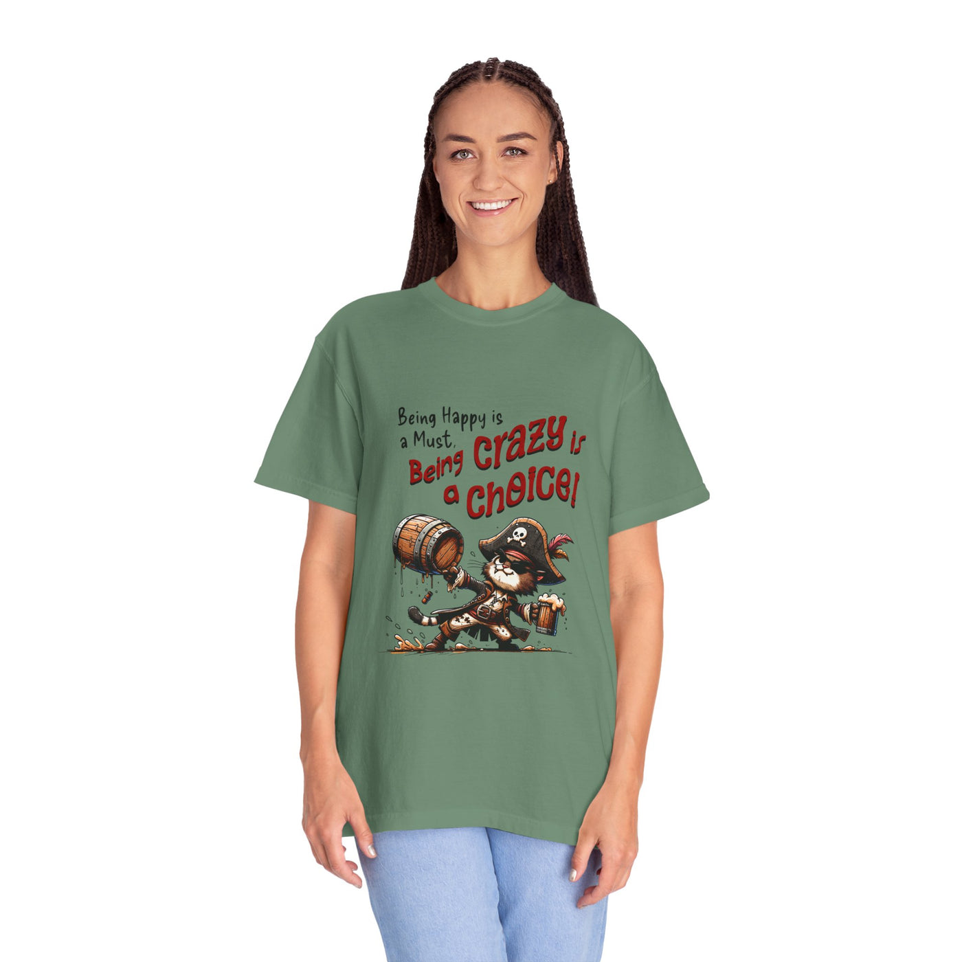 Pirate-Themed Unisex T-Shirt - 'Being Happy is a Must, Being Crazy is a Choice', Fun Gift for Friends, Casual Wear, Retro Style, Beach [...]