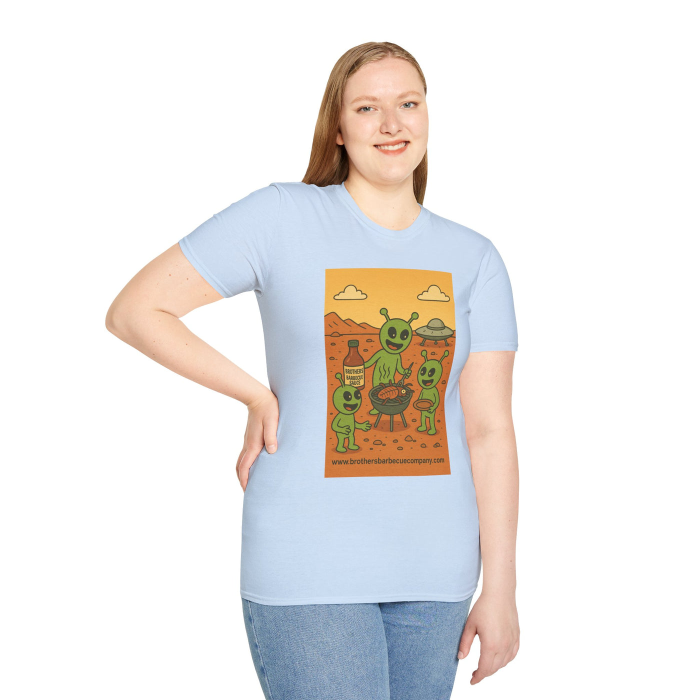 Alien BBQ Party Unisex Softstyle T-Shirt, Fun Graphic Tee, Casual Wear, Summer Party Top, Unique Gift for Friends, Alien Lovers Shirt