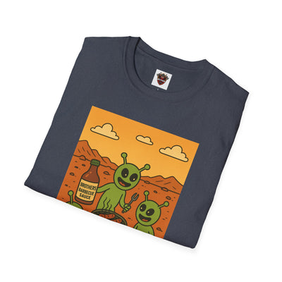 Alien BBQ Meat Party Unisex Softstyle T-Shirt, Funny Graphic Tee, Unique Gift, Summer Barbecue Wear, Casual Everyday Shirt, Fun Statement Top