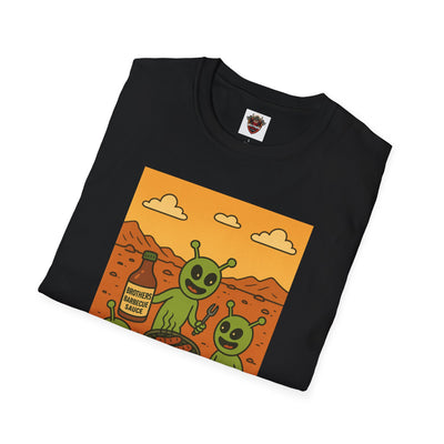 Alien BBQ Meat Party Unisex Softstyle T-Shirt, Funny Graphic Tee, Unique Gift, Summer Barbecue Wear, Casual Everyday Shirt, Fun Statement Top