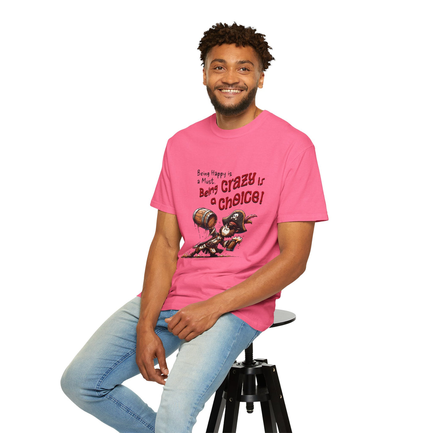Pirate-Themed Unisex T-Shirt - 'Being Happy is a Must, Being Crazy is a Choice', Fun Gift for Friends, Casual Wear, Retro Style, Beach [...]
