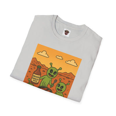 Alien BBQ Meat Party Unisex Softstyle T-Shirt, Funny Graphic Tee, Unique Gift, Summer Barbecue Wear, Casual Everyday Shirt, Fun Statement Top