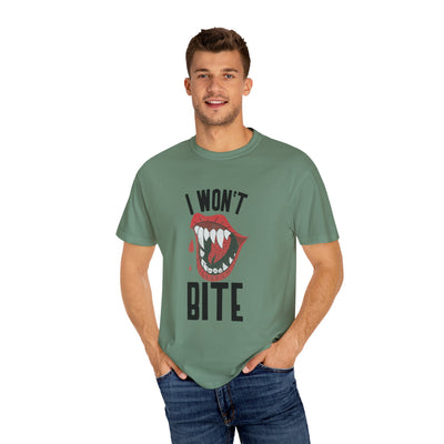 Fun Unisex 'I Won't Bite' T-Shirt for Halloween, Casual Wear, Graphic Tee, Gift for Friends, Statement Shirt