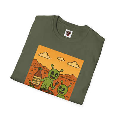 Alien BBQ Meat Party Unisex Softstyle T-Shirt, Funny Graphic Tee, Unique Gift, Summer Barbecue Wear, Casual Everyday Shirt, Fun Statement Top