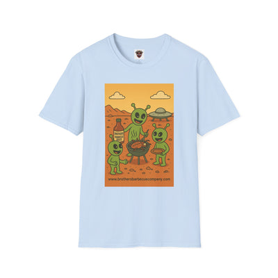 Alien BBQ Party Unisex Softstyle T-Shirt, Fun Graphic Tee, Casual Wear, Summer Party Top, Unique Gift for Friends, Alien Lovers Shirt