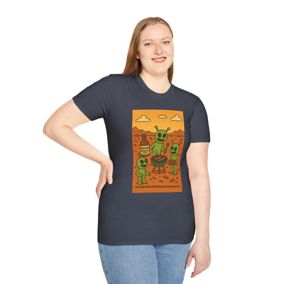 Alien BBQ Meat Party Unisex Softstyle T-Shirt, Funny Graphic Tee, Unique Gift, Summer Barbecue Wear, Casual Everyday Shirt, Fun Statement Top