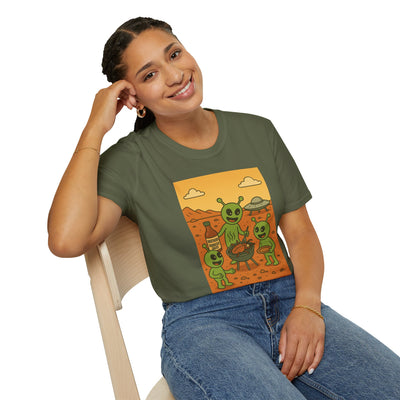 Alien BBQ Party Unisex Softstyle T-Shirt, Fun Graphic Tee, Casual Wear, Summer Party Top, Unique Gift for Friends, Alien Lovers Shirt