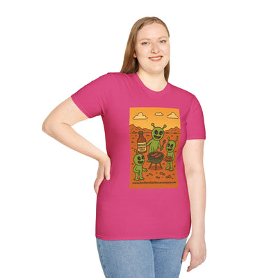 Alien BBQ Meat Party Unisex Softstyle T-Shirt, Funny Graphic Tee, Unique Gift, Summer Barbecue Wear, Casual Everyday Shirt, Fun Statement Top