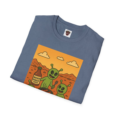 Alien BBQ Meat Party Unisex Softstyle T-Shirt, Funny Graphic Tee, Unique Gift, Summer Barbecue Wear, Casual Everyday Shirt, Fun Statement Top