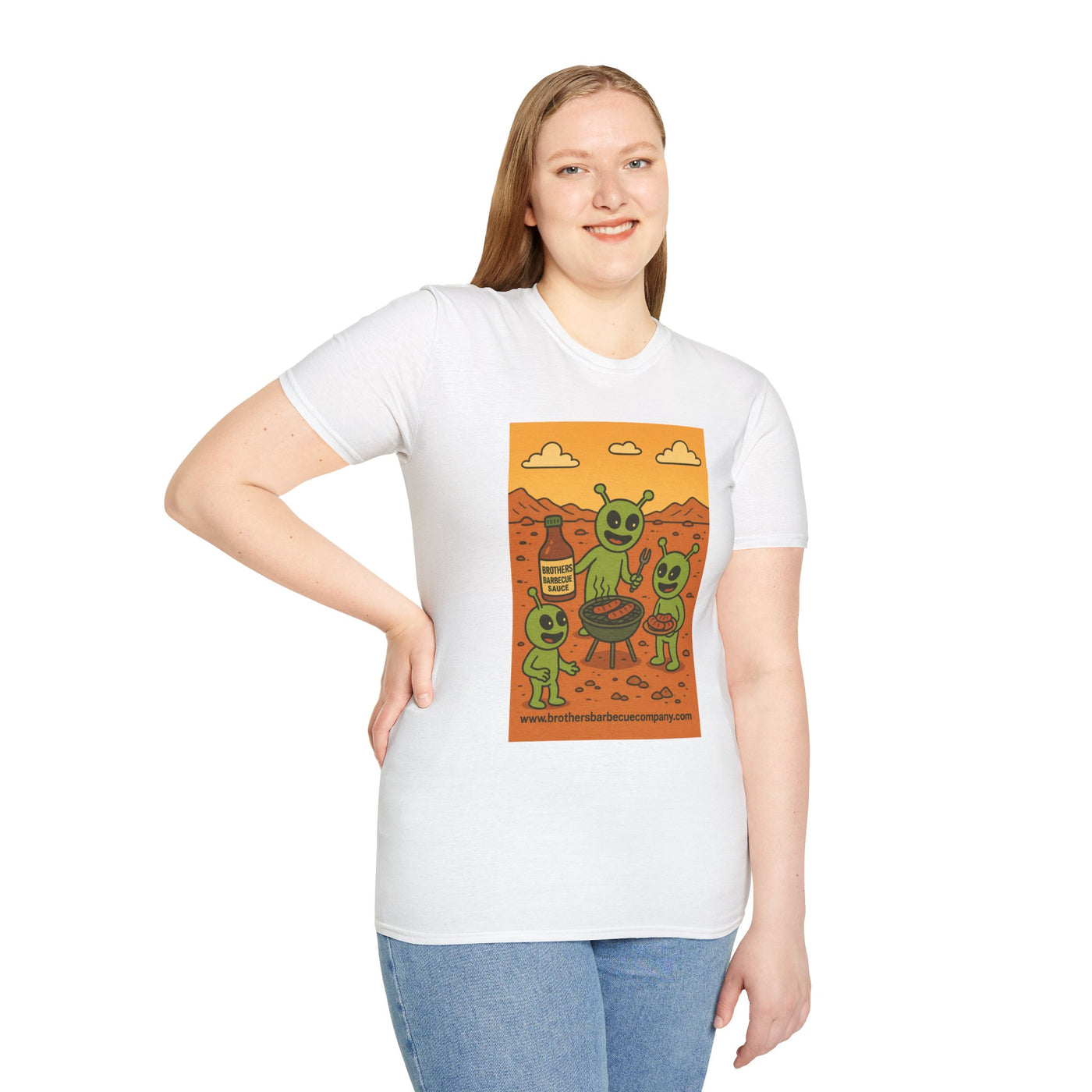 Alien BBQ Meat Party Unisex Softstyle T-Shirt, Funny Graphic Tee, Unique Gift, Summer Barbecue Wear, Casual Everyday Shirt, Fun Statement Top