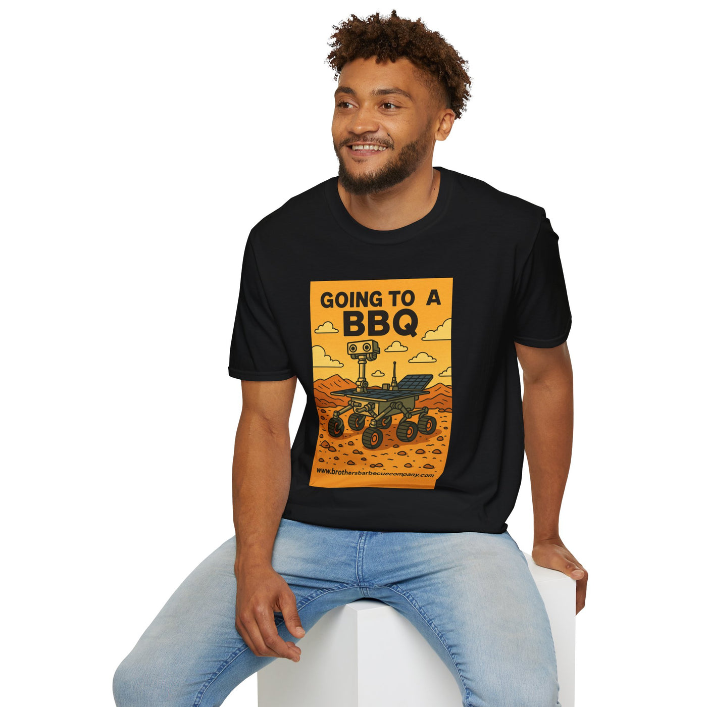 BBQ Rover Unisex Softstyle T-Shirt | Fun BBQ Shirt, Space Enthusiast Gift, Summer Picnic Wear, Mars Rover Shirt, Unique Graphic Tee