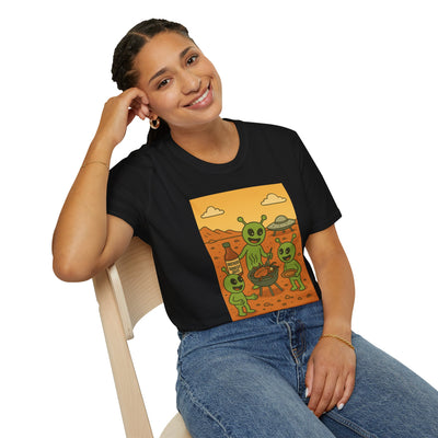 Alien BBQ Party Unisex Softstyle T-Shirt, Fun Graphic Tee, Casual Wear, Summer Party Top, Unique Gift for Friends, Alien Lovers Shirt